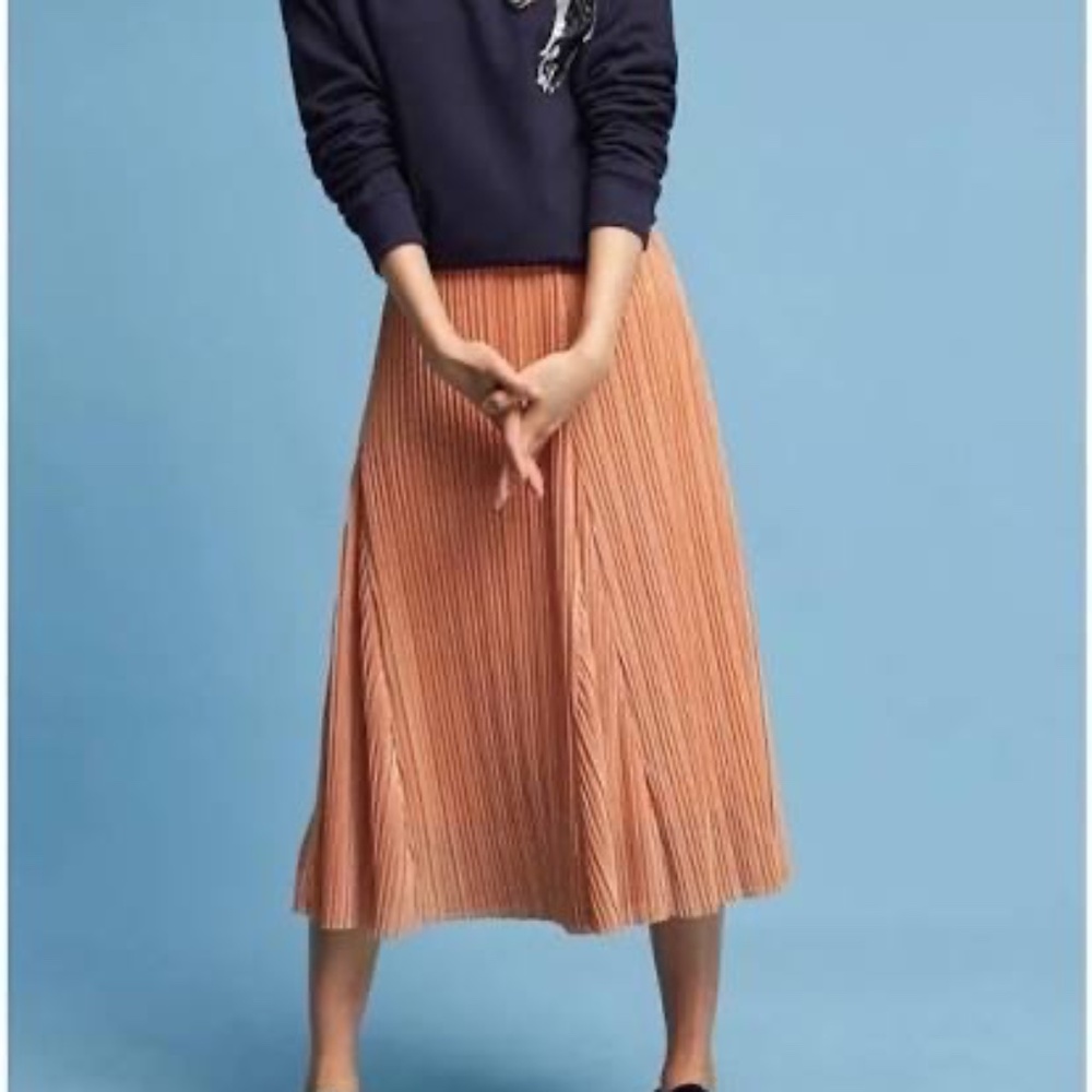 Maeve Anthropologie Ambra Metallic Pleated Midi Skirt XS Pink Rose Shimmer Lined